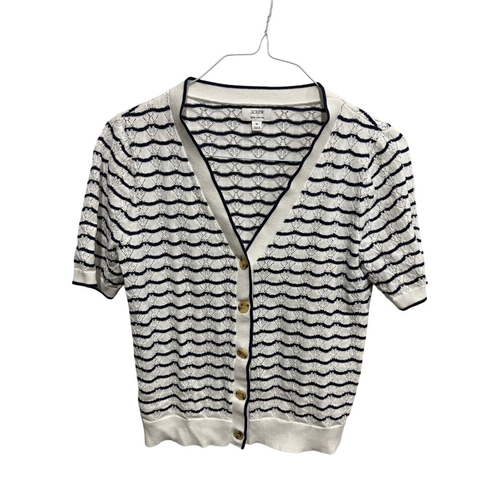J.Crew Factory Short Sleeve Cotton Pointelle V-Neck Cardigan Women’s Med White